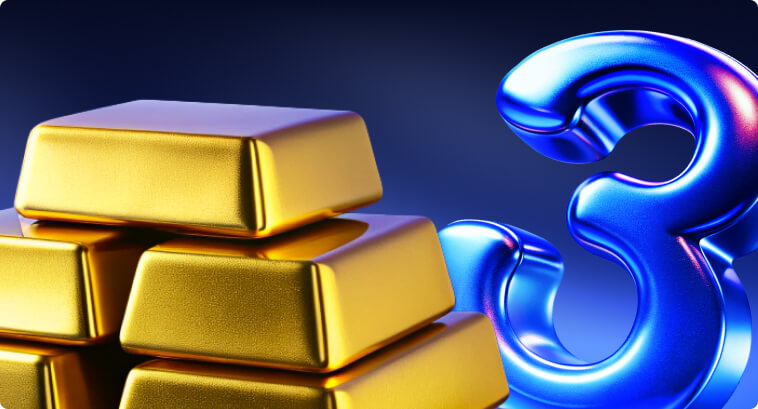 Stapel von Goldbarren neben einer glänzenden blauen Zahl 3