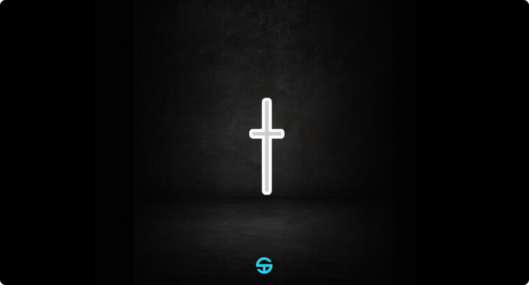Un symbole de croix blanc centré sur un fond sombre avec un petit logo en dessous.