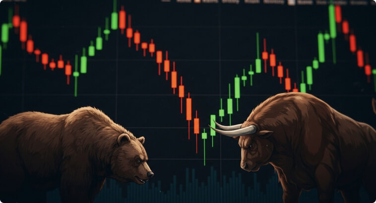 Ein Bär und ein Stier stehen sich über einem Chart mit grünen und roten Kerzen gegenüber.