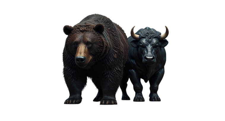 Un oso y un toro están uno al lado del otro sobre un fondo blanco.