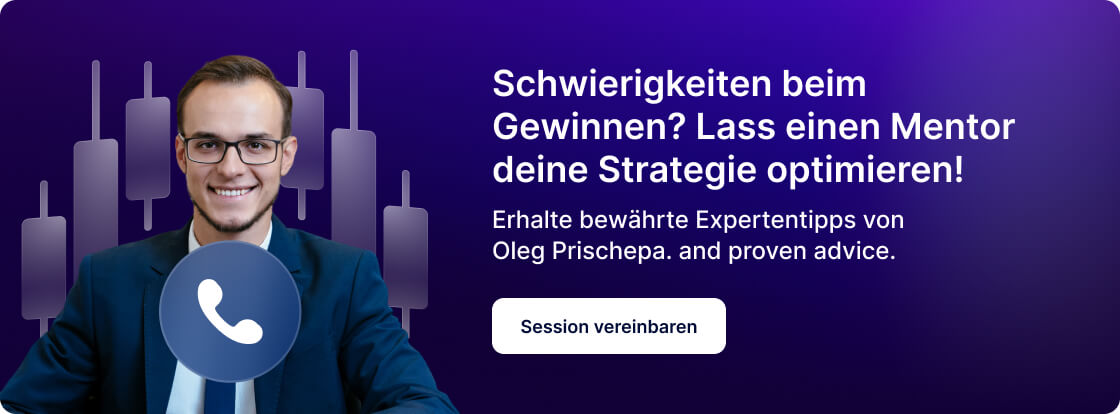 Ein Mann im Anzug vor einem Hintergrund mit Kerzencharts und einem Anruf-Symbol.