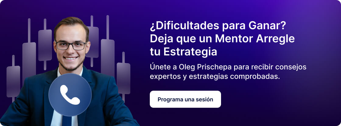Un hombre en traje sonríe junto a un ícono de llamada y texto sobre mentoría en trading.