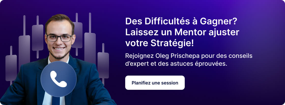 Un homme en costume sourit à côté d'un icône d'appel et d'un texte en français sur les stratégies de trading.
