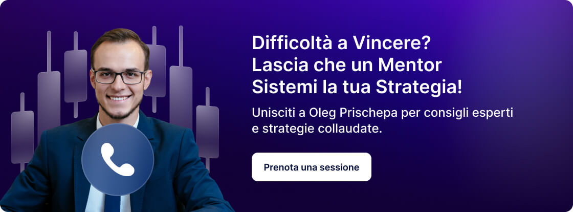 Un uomo in giacca sorride accanto a un'icona del telefono e testo sulle strategie di trading.