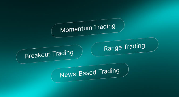 Cuatro estrategias comerciales etiquetadas como Momentum Trading, Range Trading, Breakout Trading y News-Based Trading.