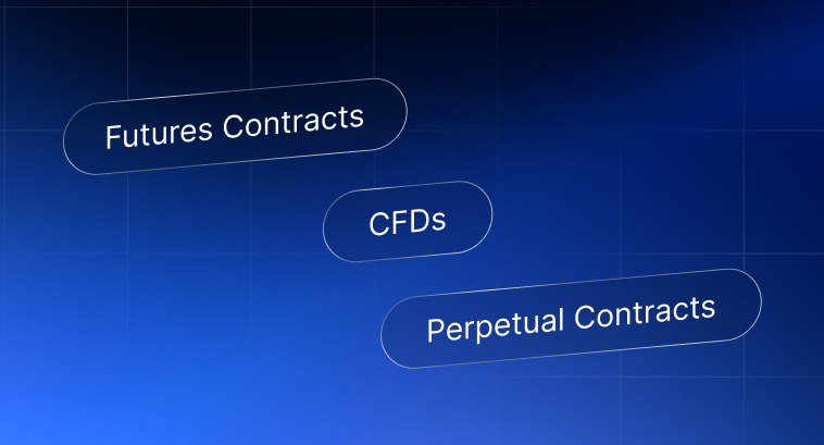 Três botões rotulados 'Contratos de Futuros', 'CFDs' e 'Contratos Perpétuos' em fundo azul.