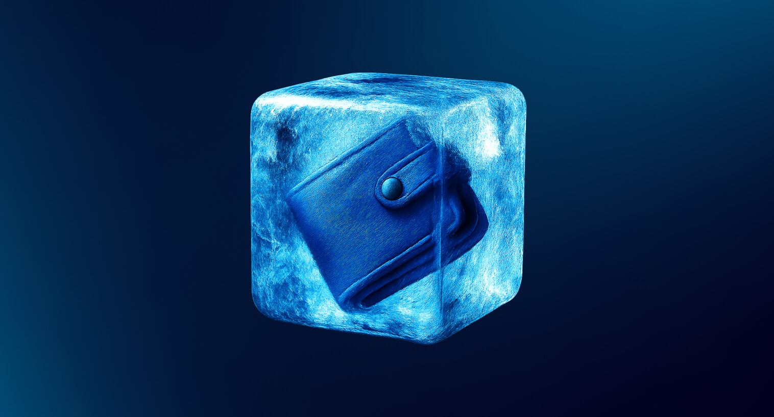 Uma carteira azul dentro de um cubo de gelo transparente.