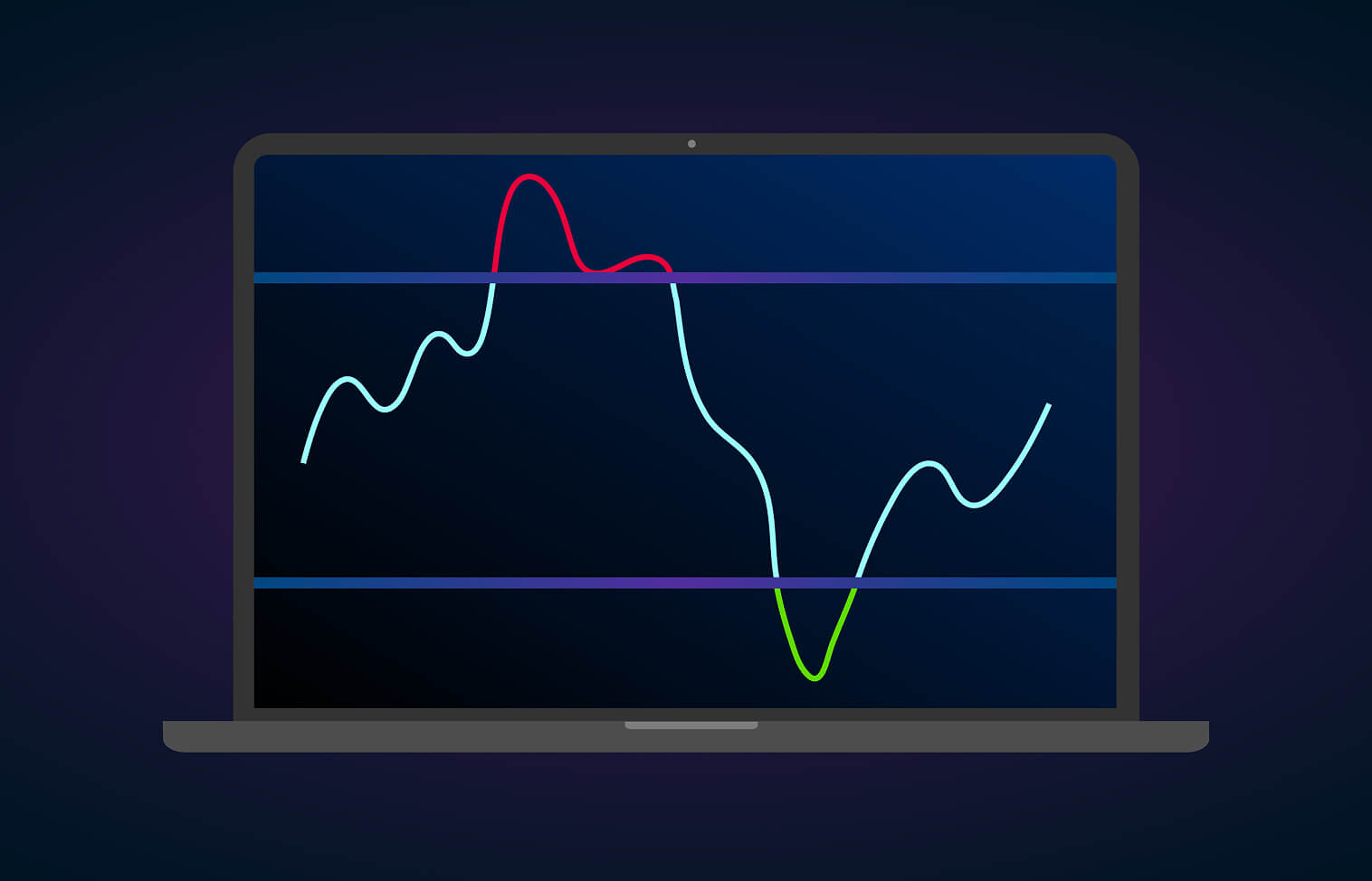 Écran d'ordinateur portable affichant trois lignes colorées représentant des tendances de prix sur un graphique.