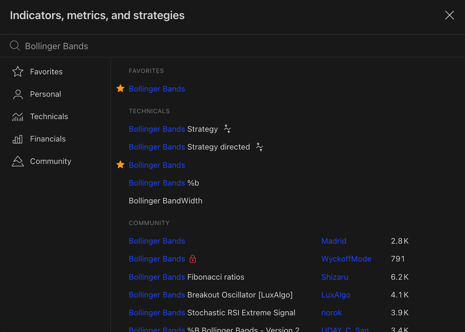 Menu affichant diverses stratégies et indicateurs Bollinger Bands.