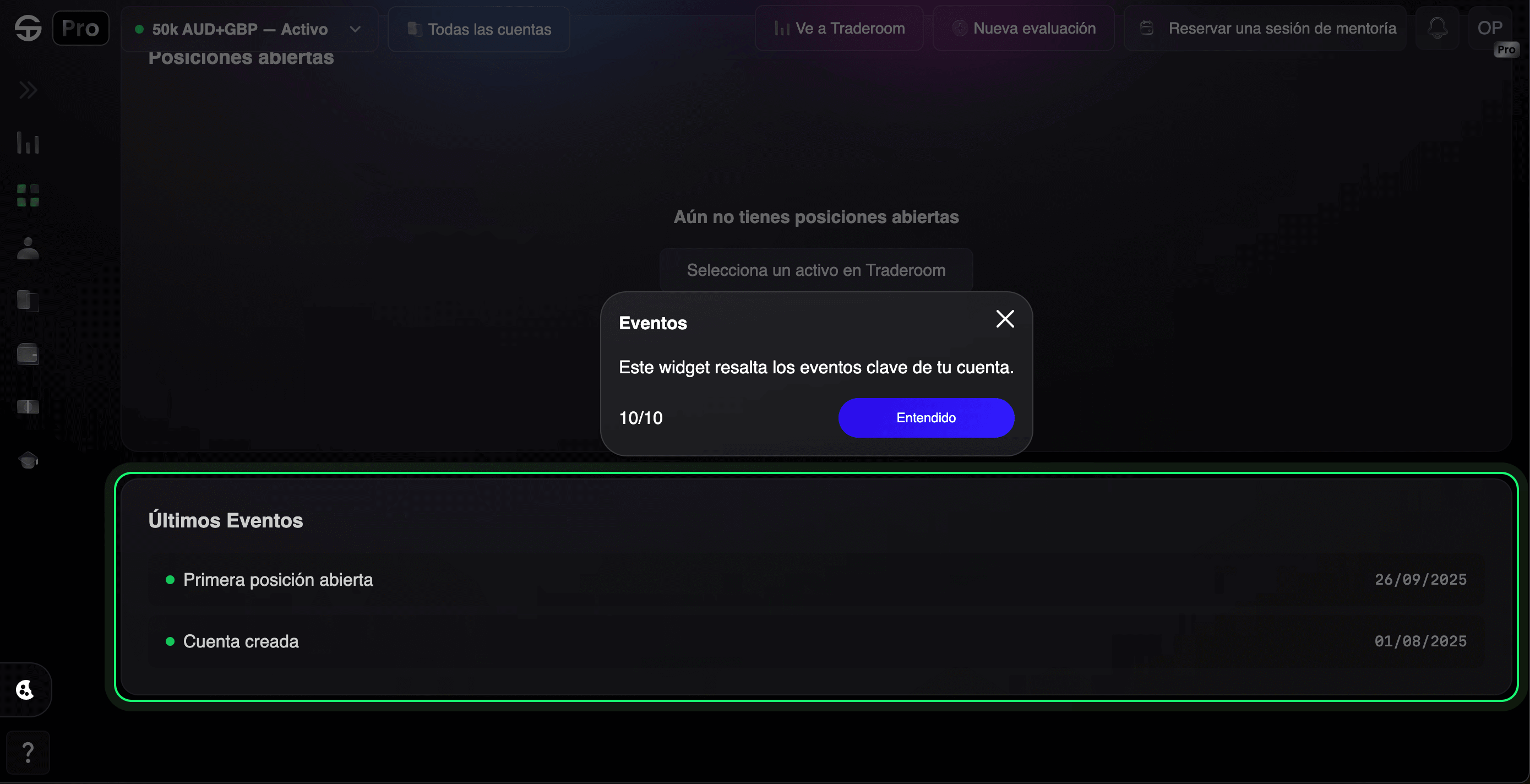 Panel muestra 'Sin posiciones abiertas' con eventos recientes.