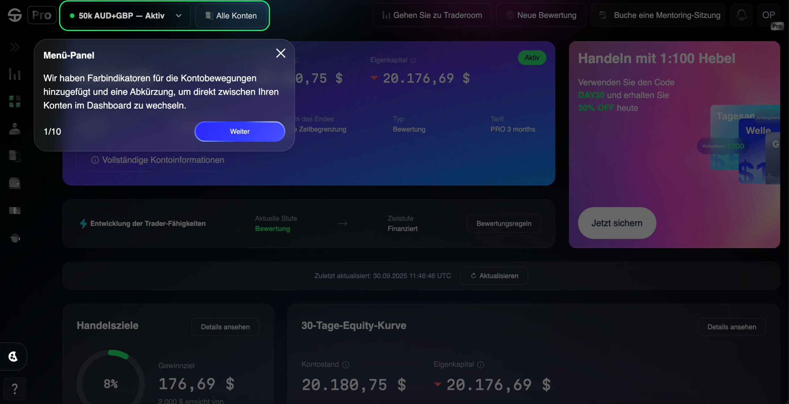 Dashboard zeigt Kontostand bei 20.176,69 $ mit einer Rendite von 8%.