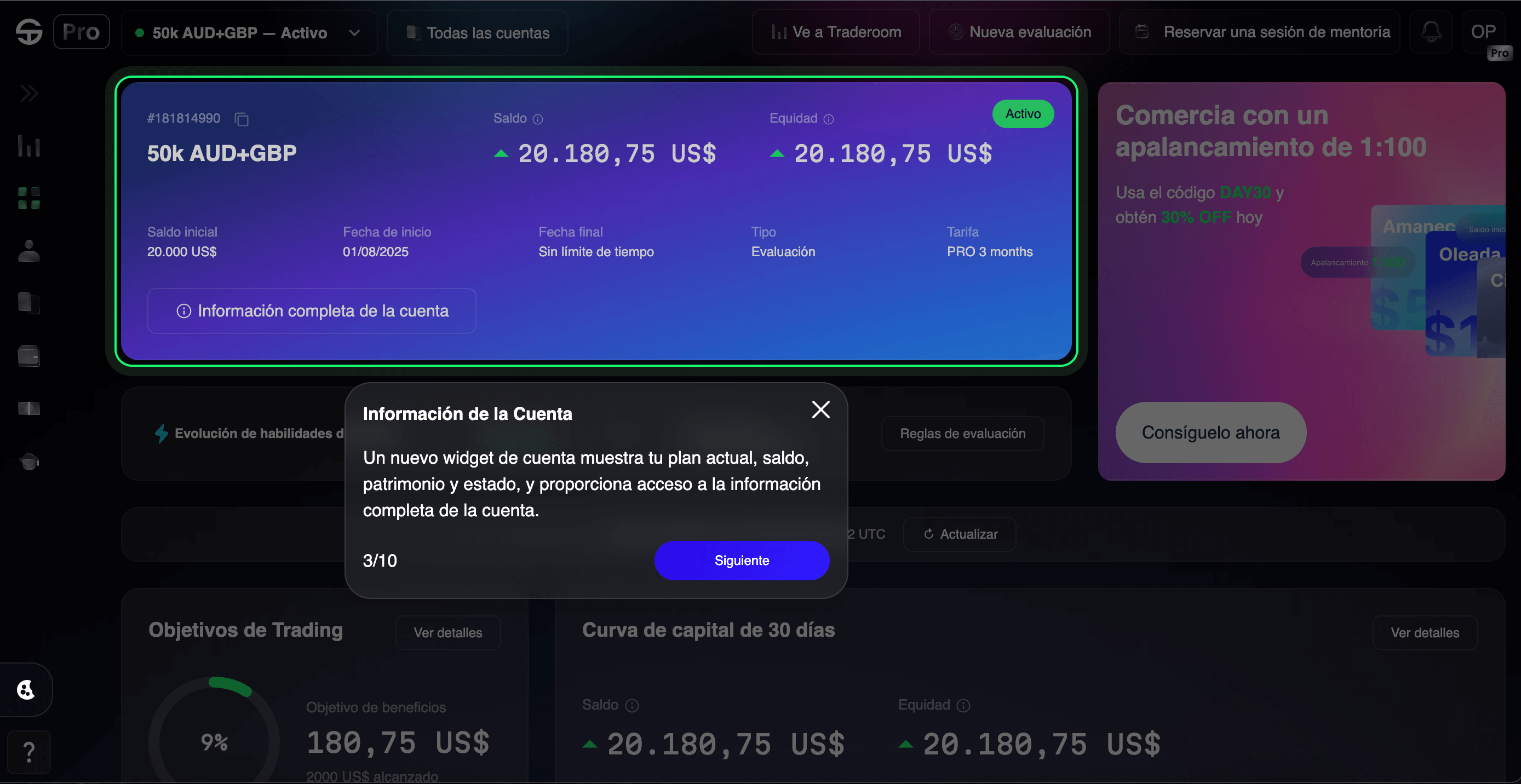 Panel muestra cuenta 50K AUD/GBP con saldo 20,180.75 USD, estado Activo y período de evaluación PRO 3 meses.
