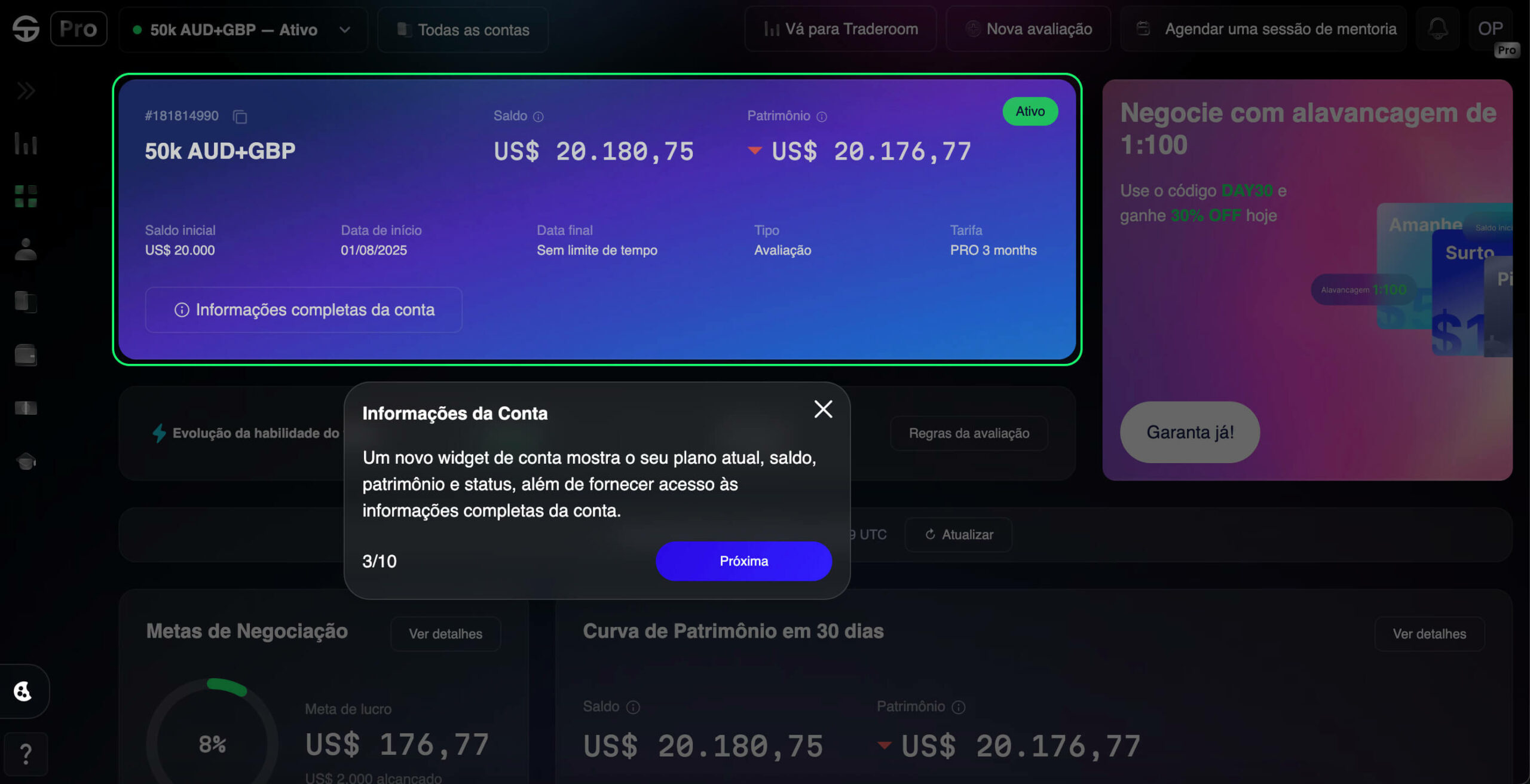 Painel mostra conta 50k AUD+GBP com saldo USD 20.180,75 e lucro USD 20.176,77.