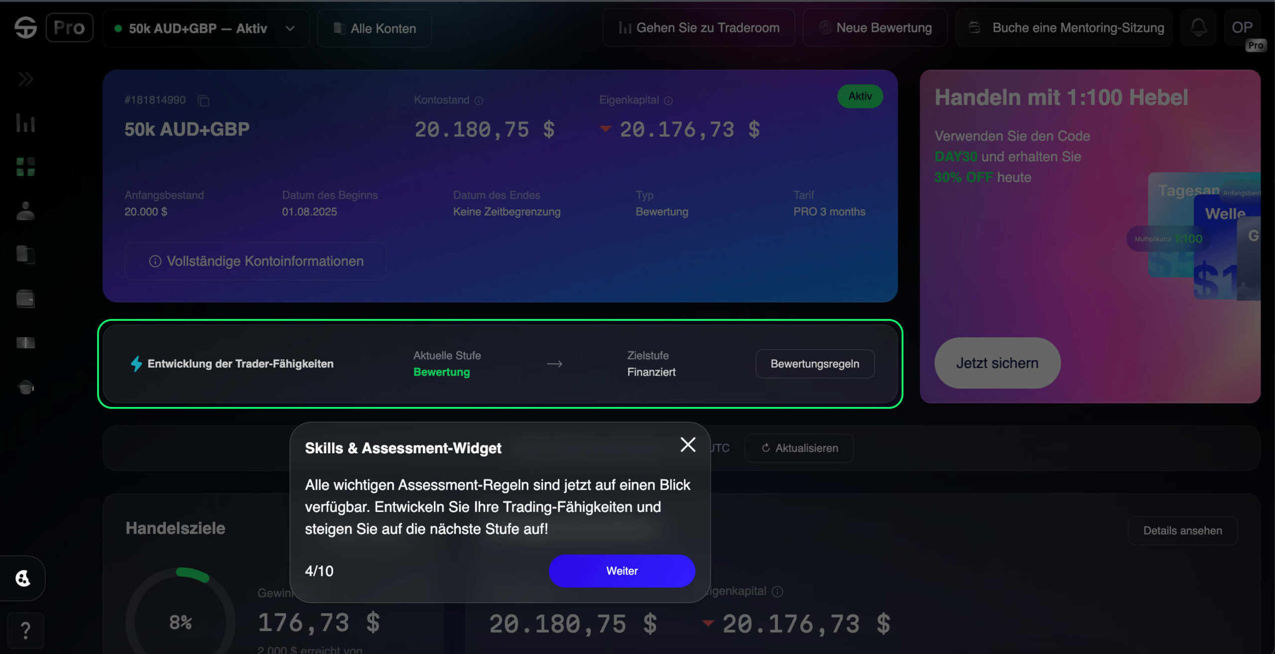 Dashboard zeigt einen 50K AUD-zu-GBP-Handel mit aktuellem Kontostand und Fähigkeitenbewertungs-Widget.