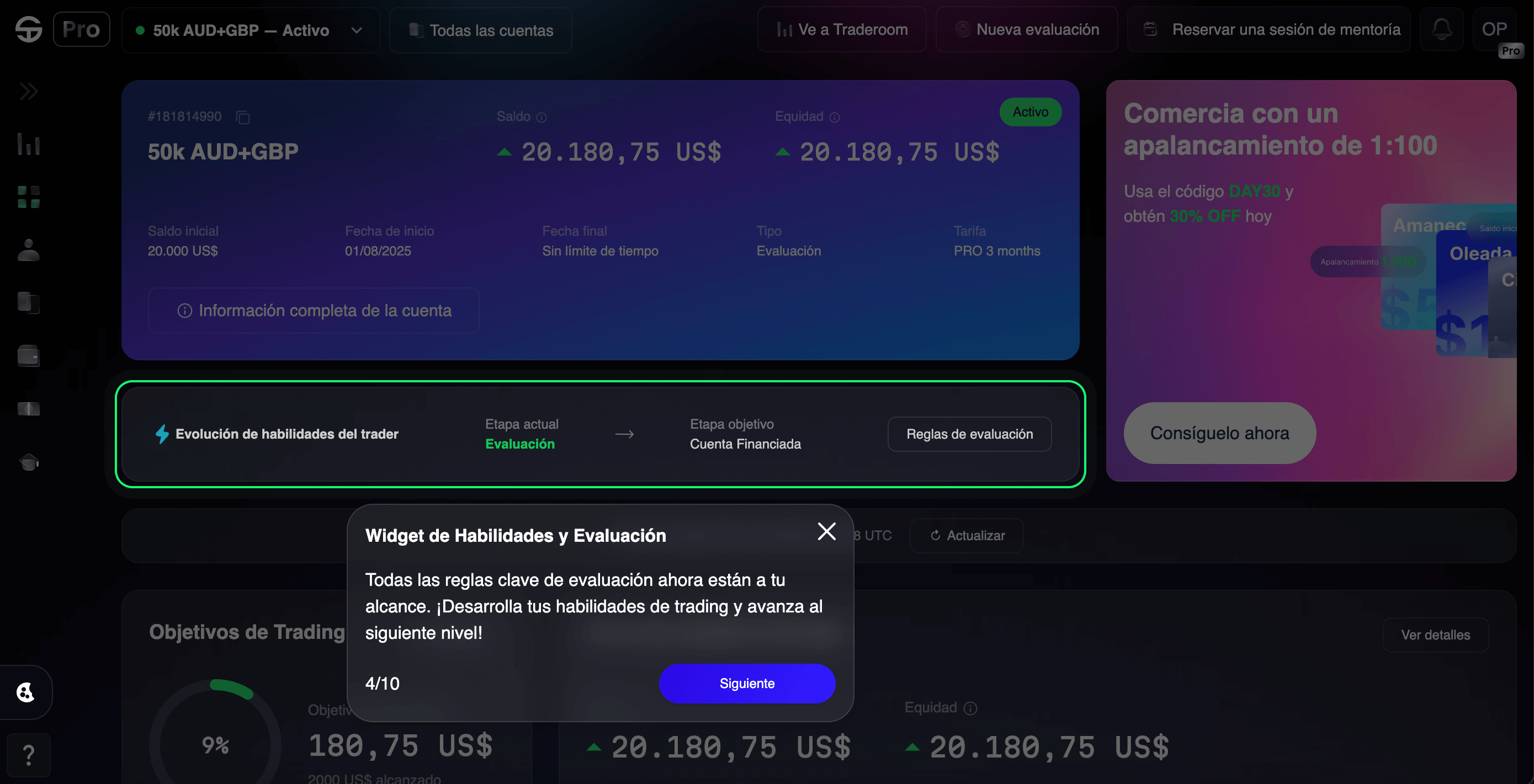Panel con detalles de la cuenta comercial y progreso de evaluación, mostrando un estado de 4/10.