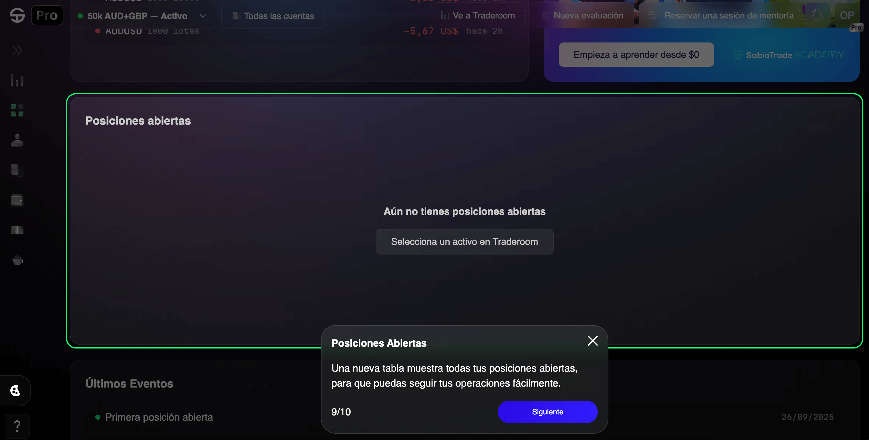 El panel muestra 'Aún no tienes posiciones abiertas' y sugiere seleccionar un activo en Traderoom.