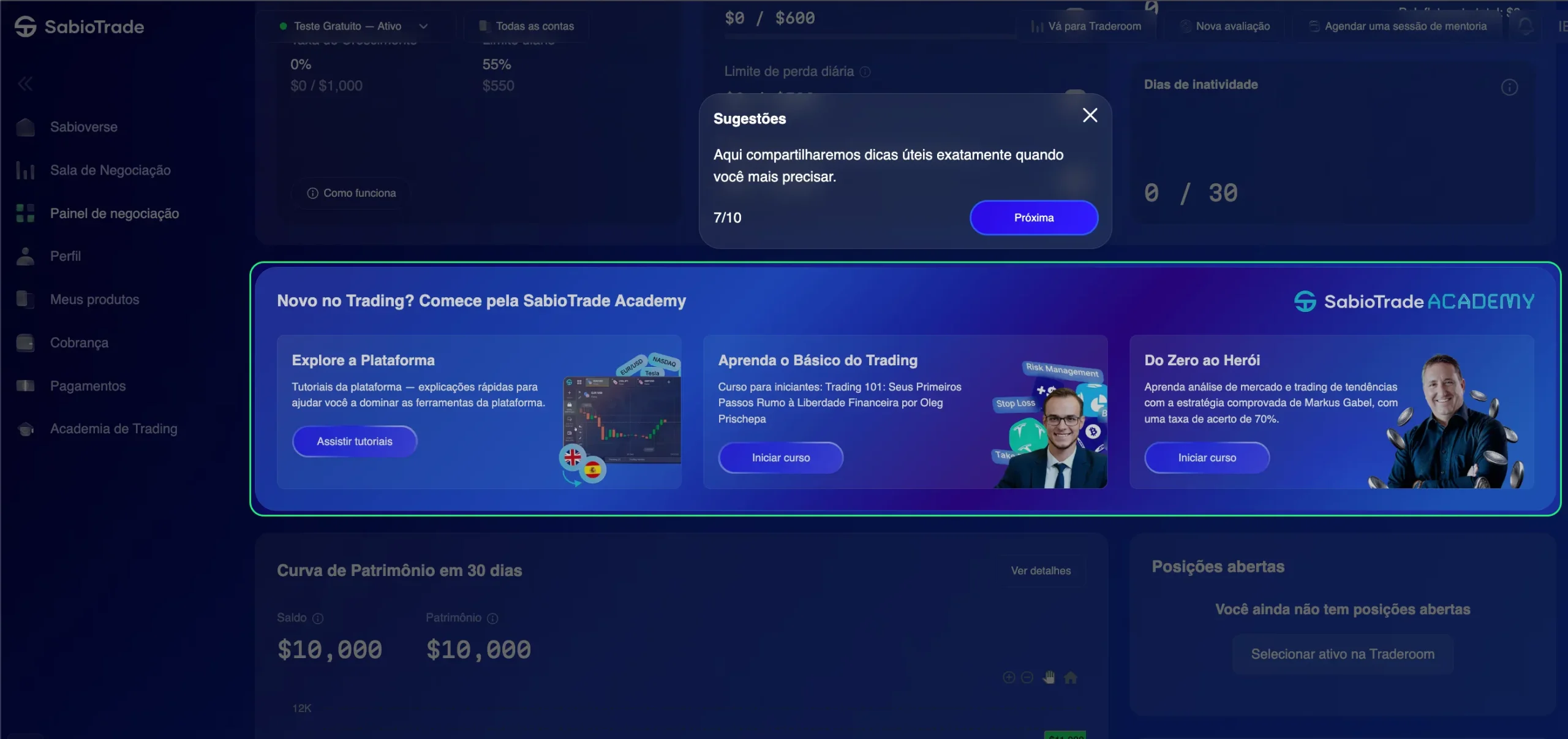 Dashboard SabioTrade mostrando opções da academia de trading e saldo da conta.