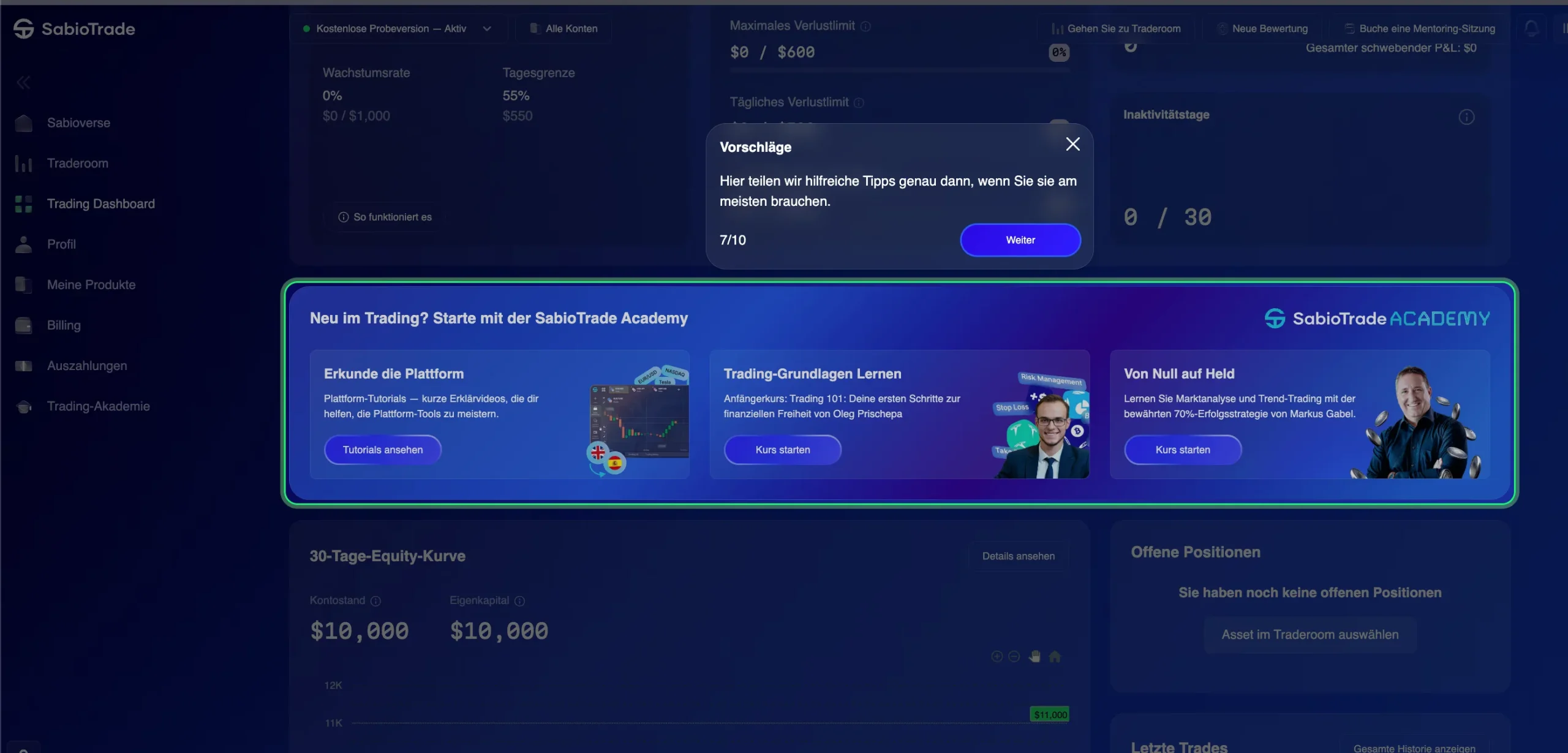 SabioTrade-Dashboard zeigt Trading-Akademie-Optionen und Kontostand an.