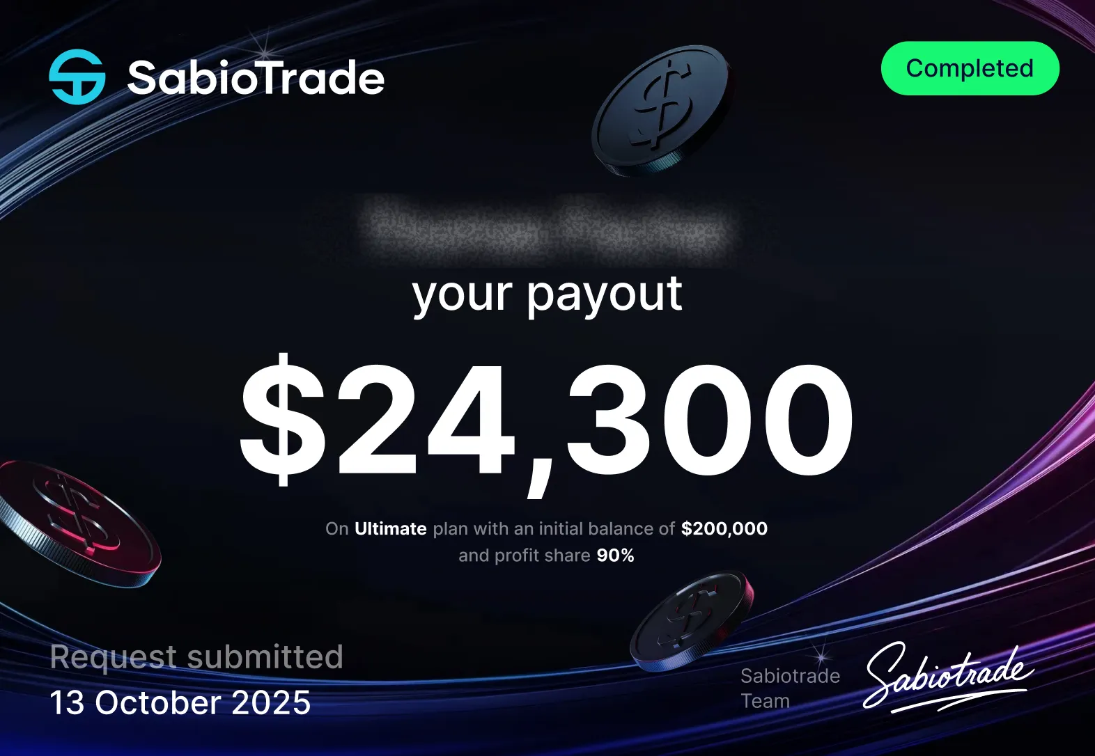 SabioTrade mostra un pagamento di $24.300 con monete e stato completato.