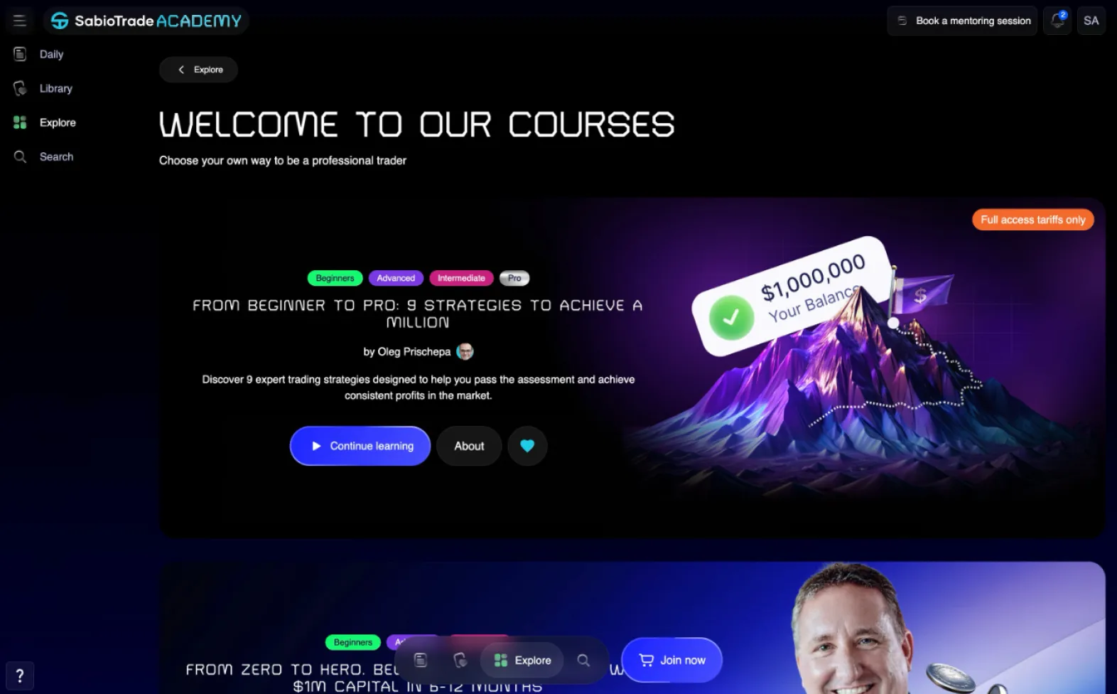 Pagina del corso SabioTrade Academy con grafico di una montagna e sovrapposizione di saldo da $1.000.000.