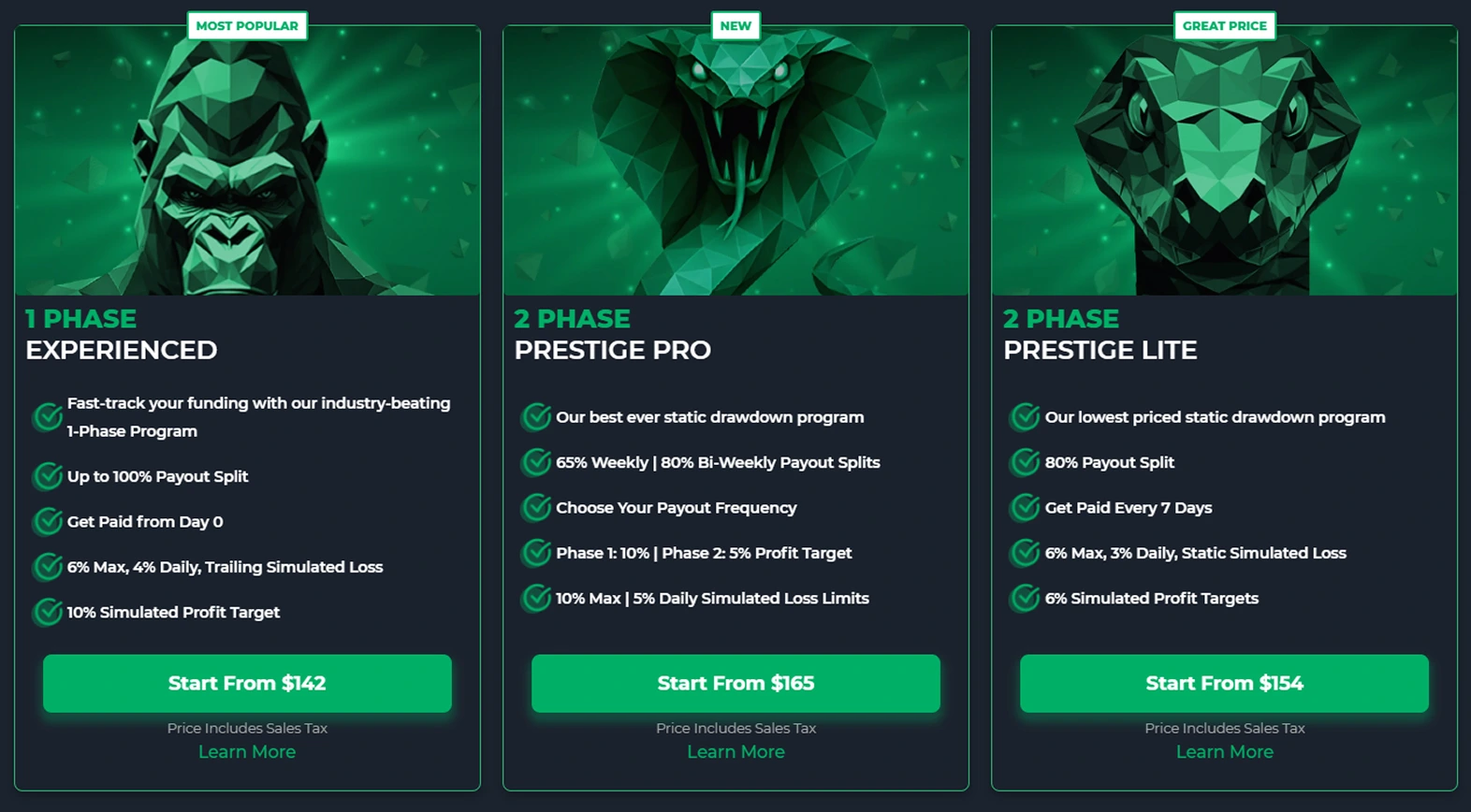 Trois options de programmes de trading avec prix et caractéristiques.