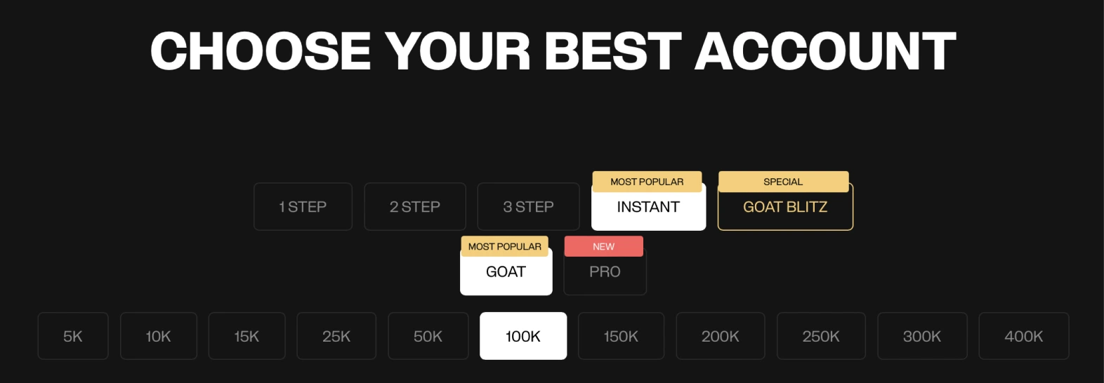 Options de sélection de compte avec des étiquettes telles que Goat, Pro, Instant et Goat Blitz.