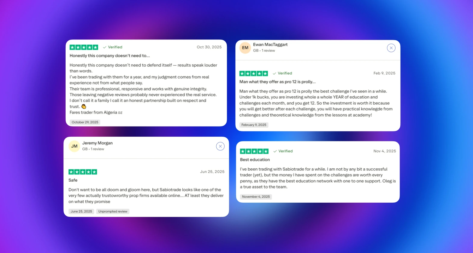 Tre recensioni di utenti sottolineano il servizio e l'educazione di SabioTrade.