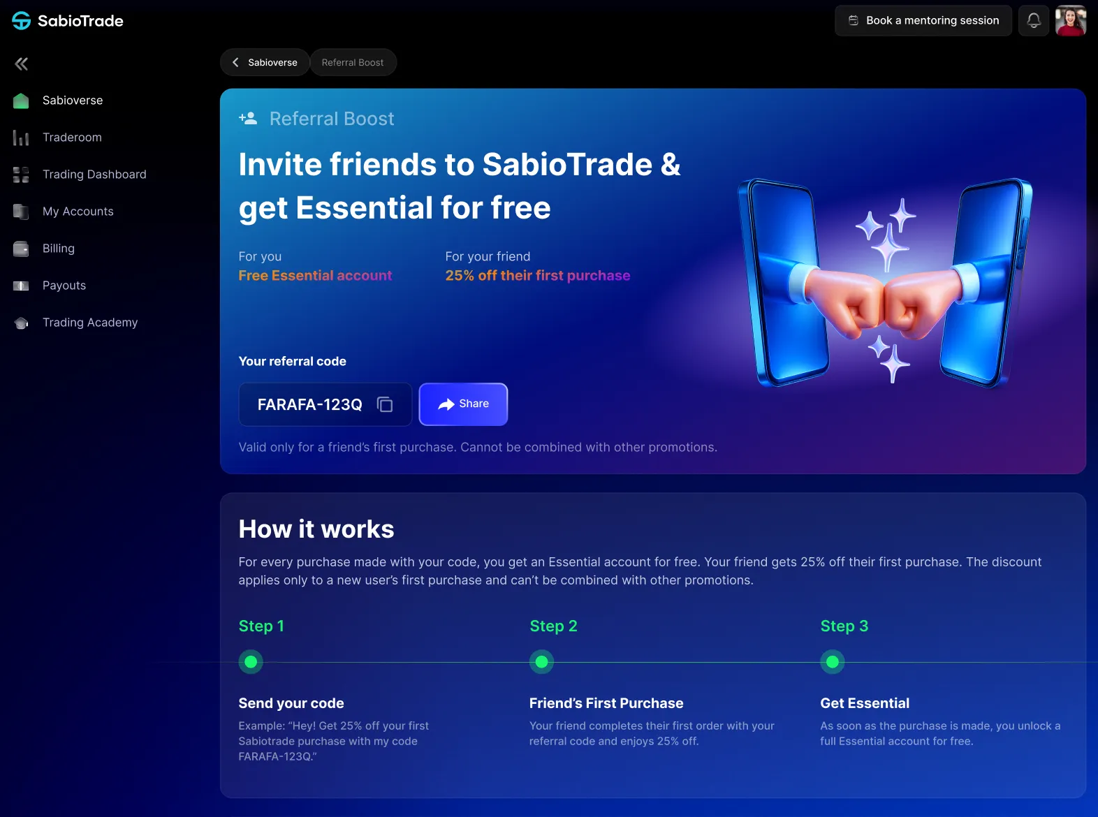 Pagina di referral di SabioTrade che mostra una promozione per invitare amici e ottenere un account Essential gratuito.