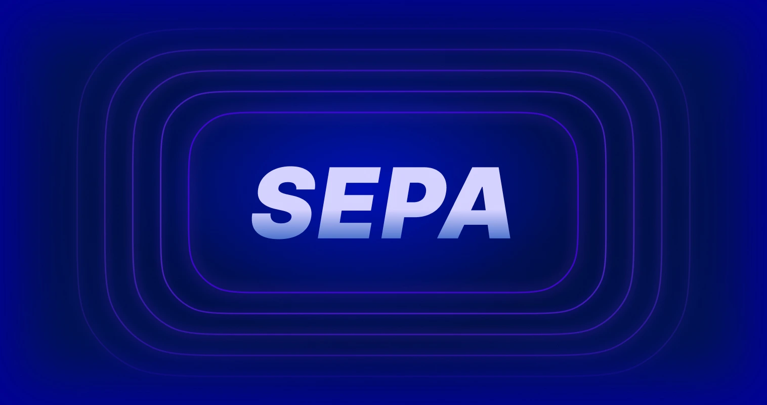 Le lettere SEPA in bianco su uno sfondo blu con cerchi concentrici.