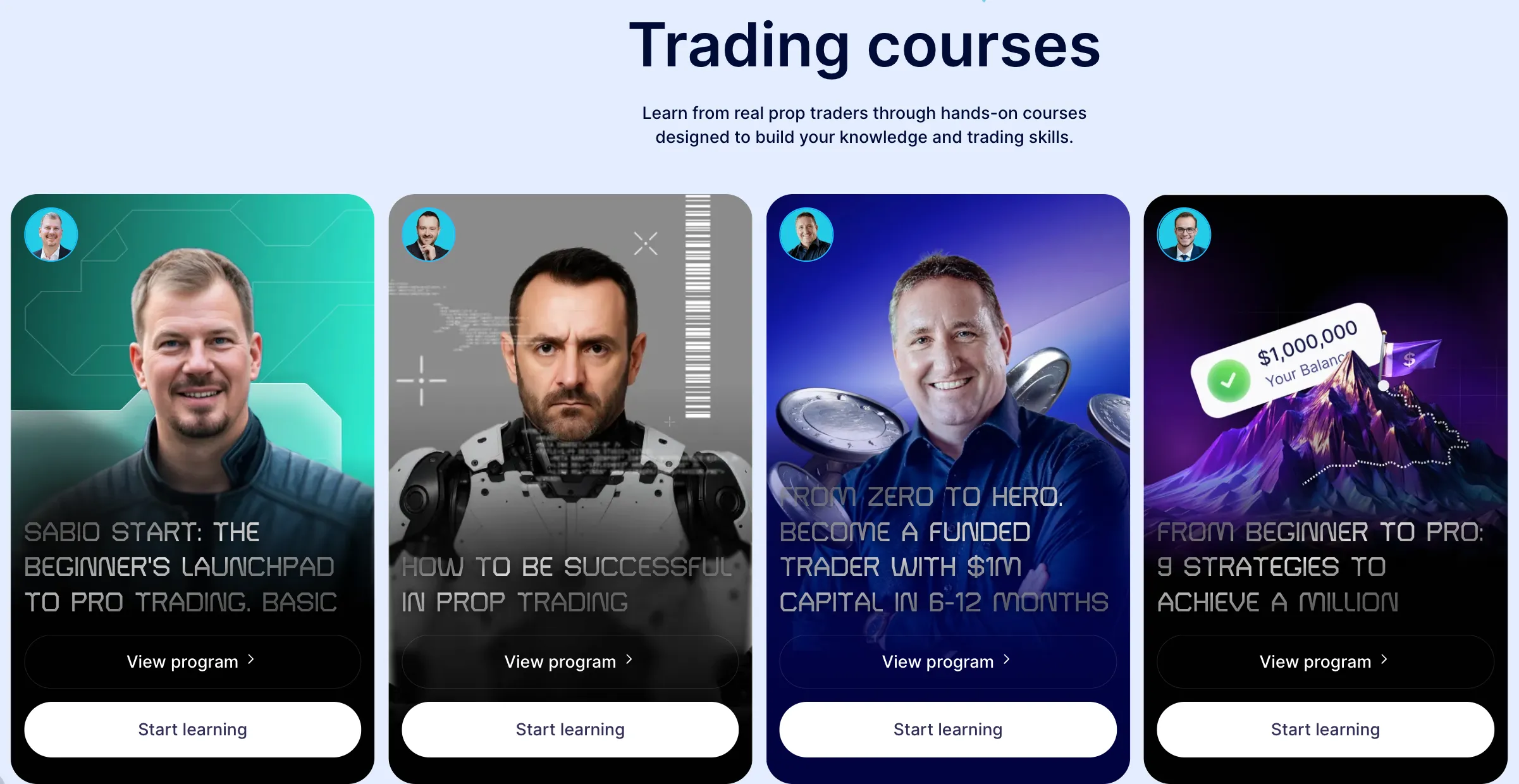 Quatro opções de cursos de trading com imagens de instrutores e títulos de programas.