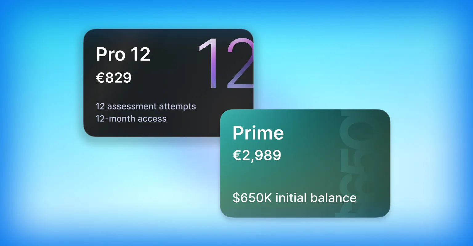 Two cards show pricing: Pro 12 at €829 and Prime at €2,989 with a $650K initial balance.