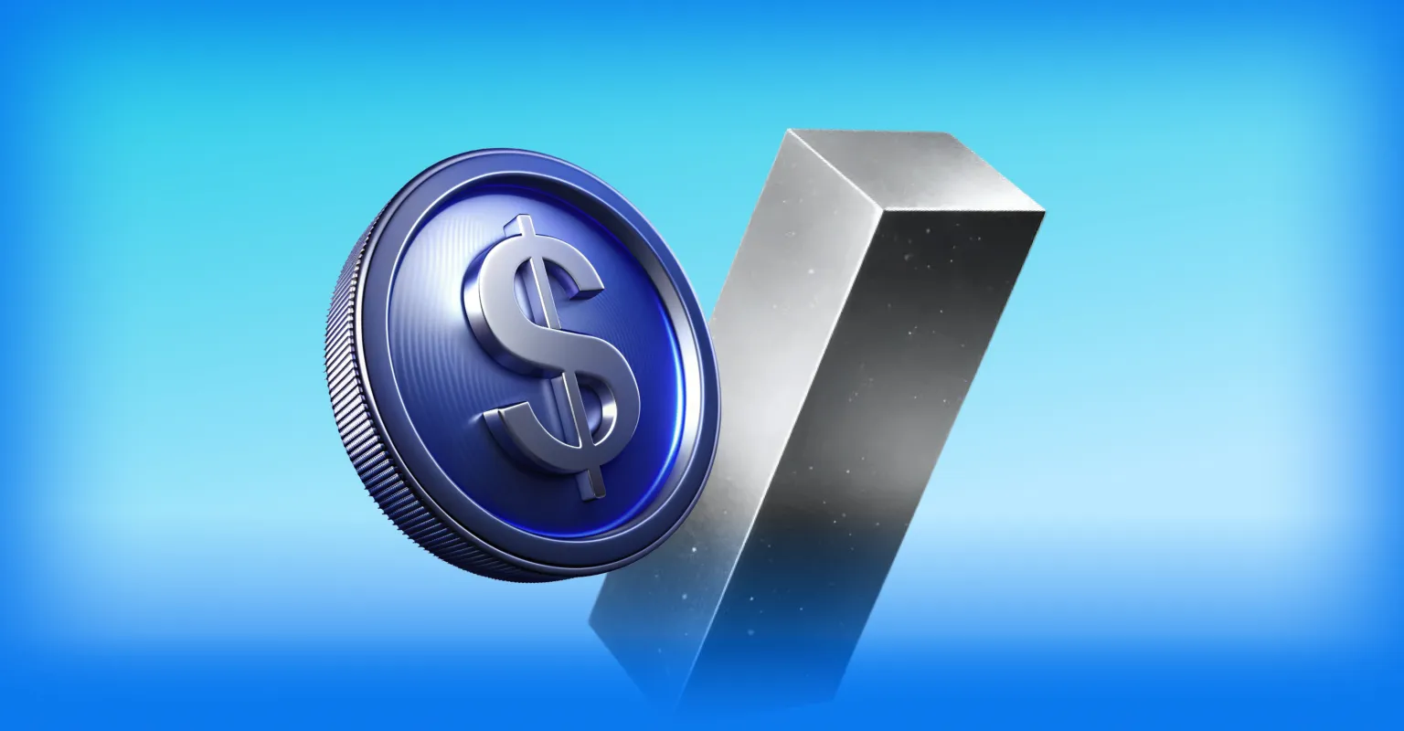 A blue coin featuring a dollar sign next to a silver block on a blue background.