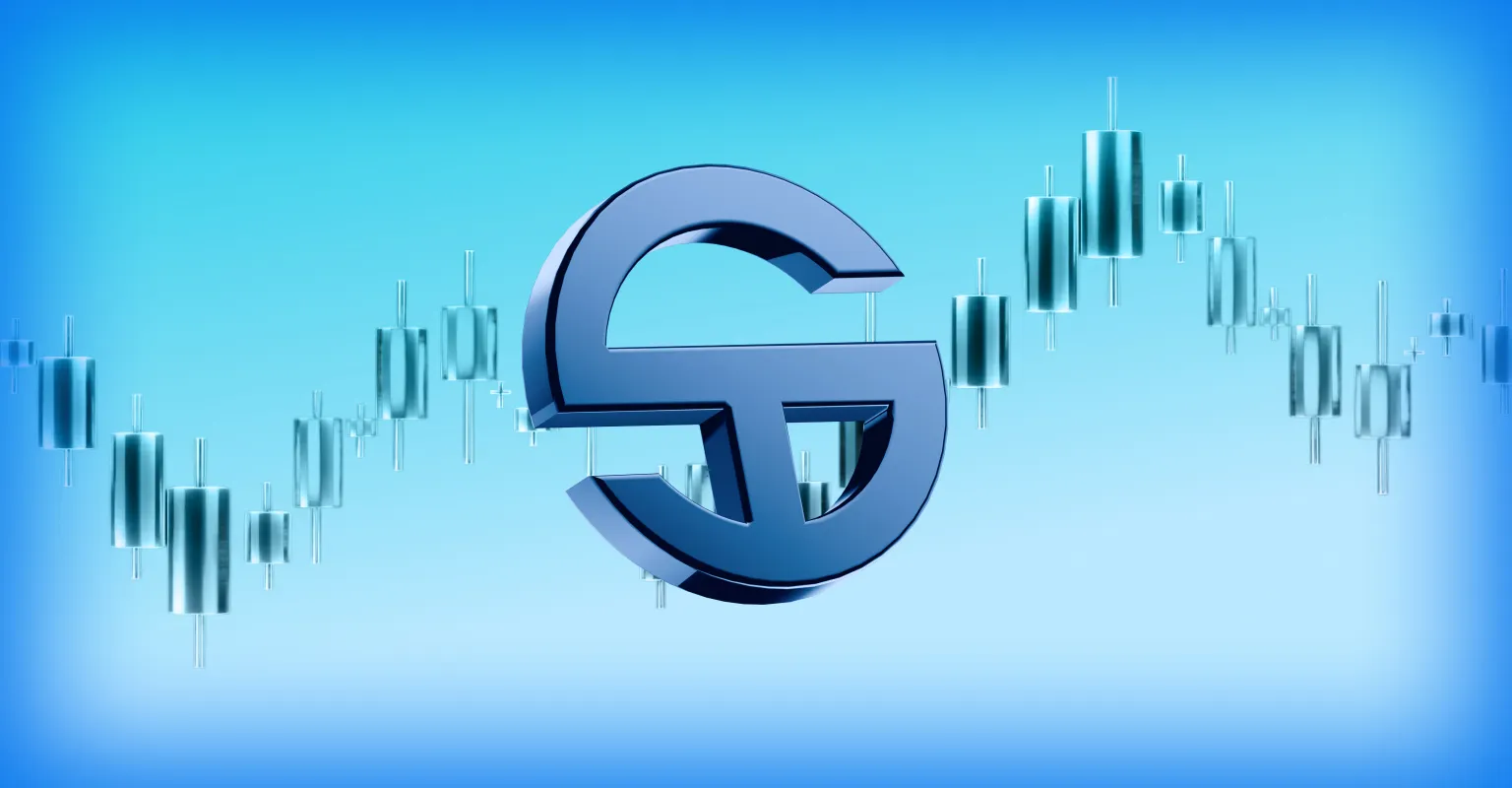A large pound symbol centered among candlestick charts on a blue background.