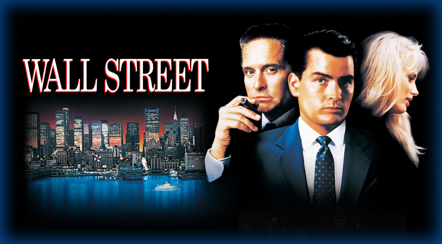 Três pessoas diante de um paisagem urbana ao entardecer com a palavra "WALL STREET" acima.