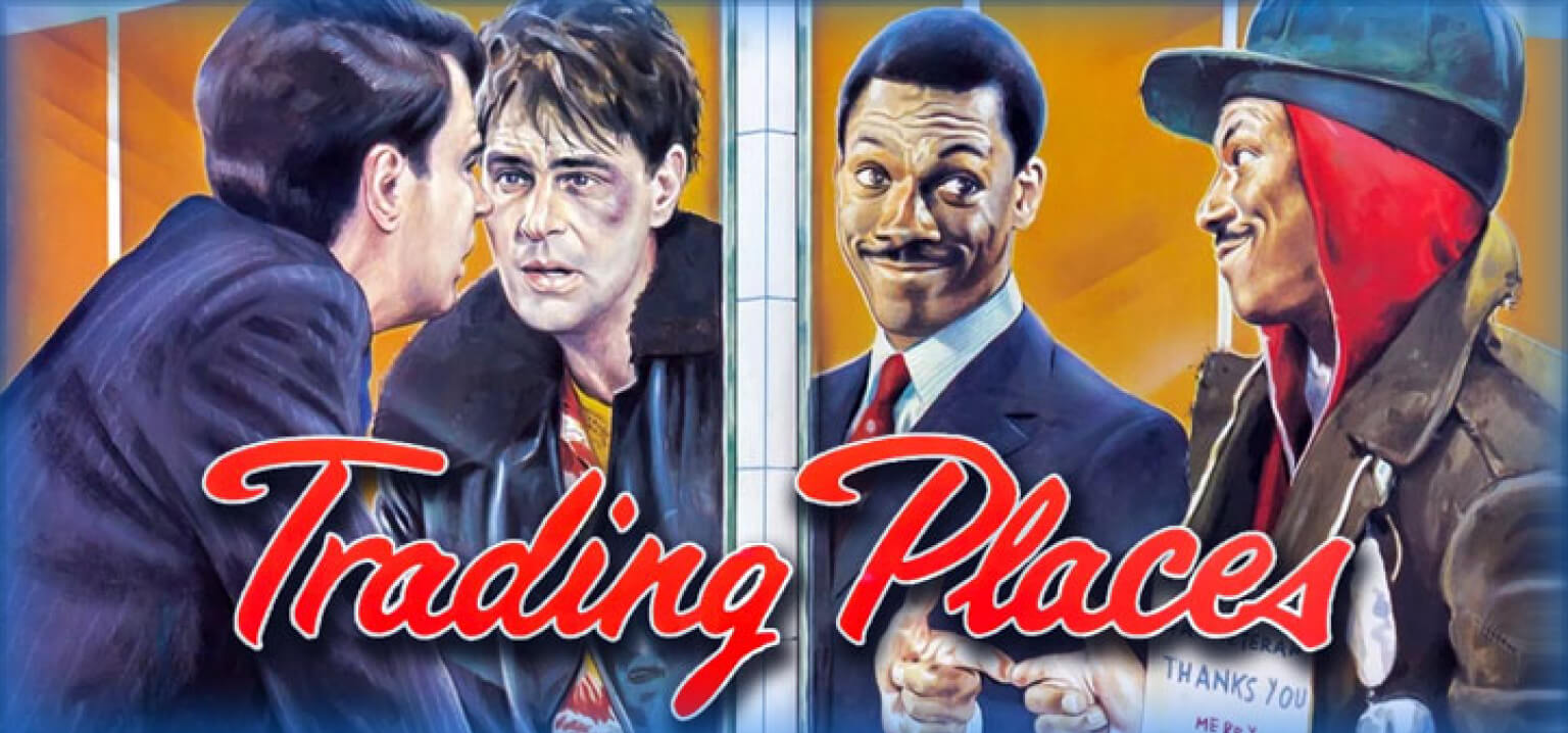 Quatro homens em diferentes cenas com texto vermelho em negrito dizendo Trading Places.