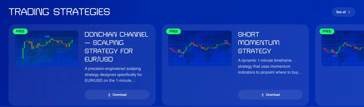 Trois cartes de stratégies de trading avec graphiques et boutons de téléchargement.