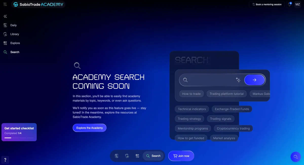 Interface de SabioTrade Academy affichant 'RECHERCHE ACADÉMIQUE À VENIR' avec des sujets suggérés.