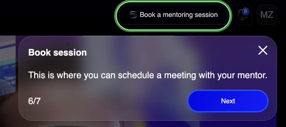 Fenêtre émergente pour réserver une session de mentorat, montrant le bouton 'Suivant'.
