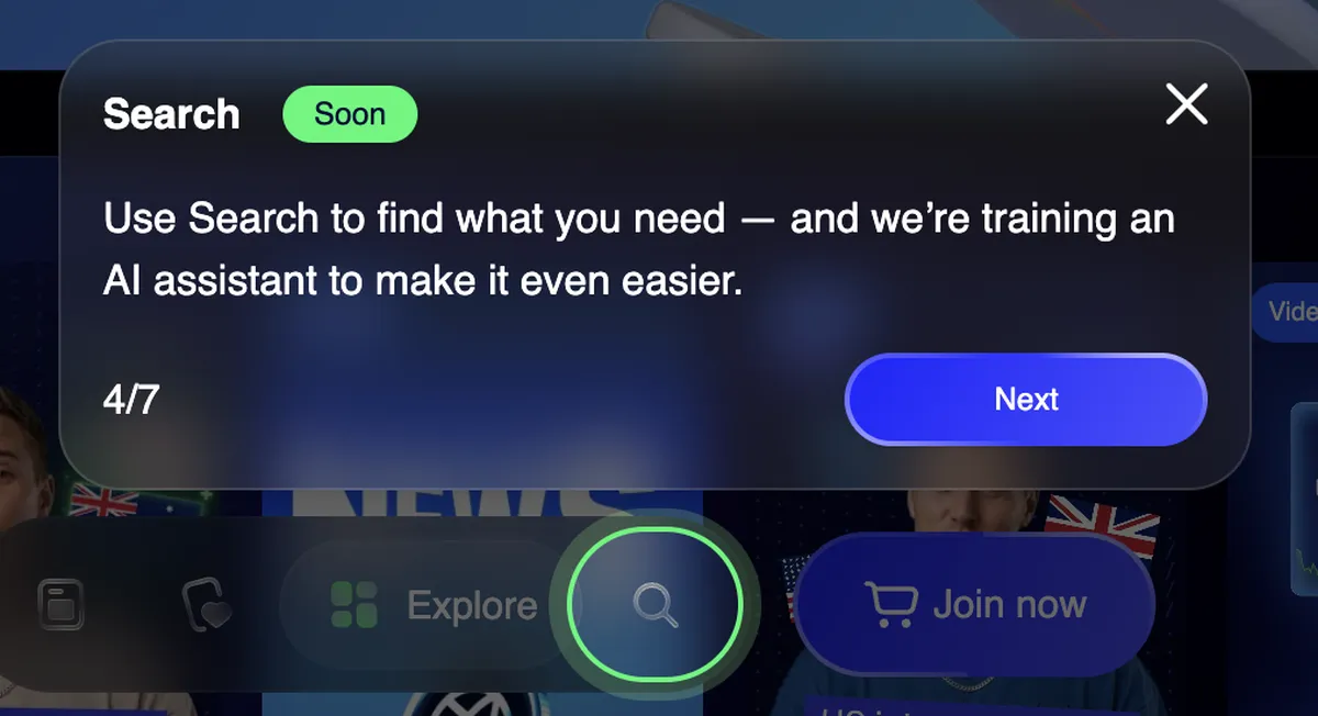 Message contextuel sur la recherche et l'assistant IA avec boutons de navigation.