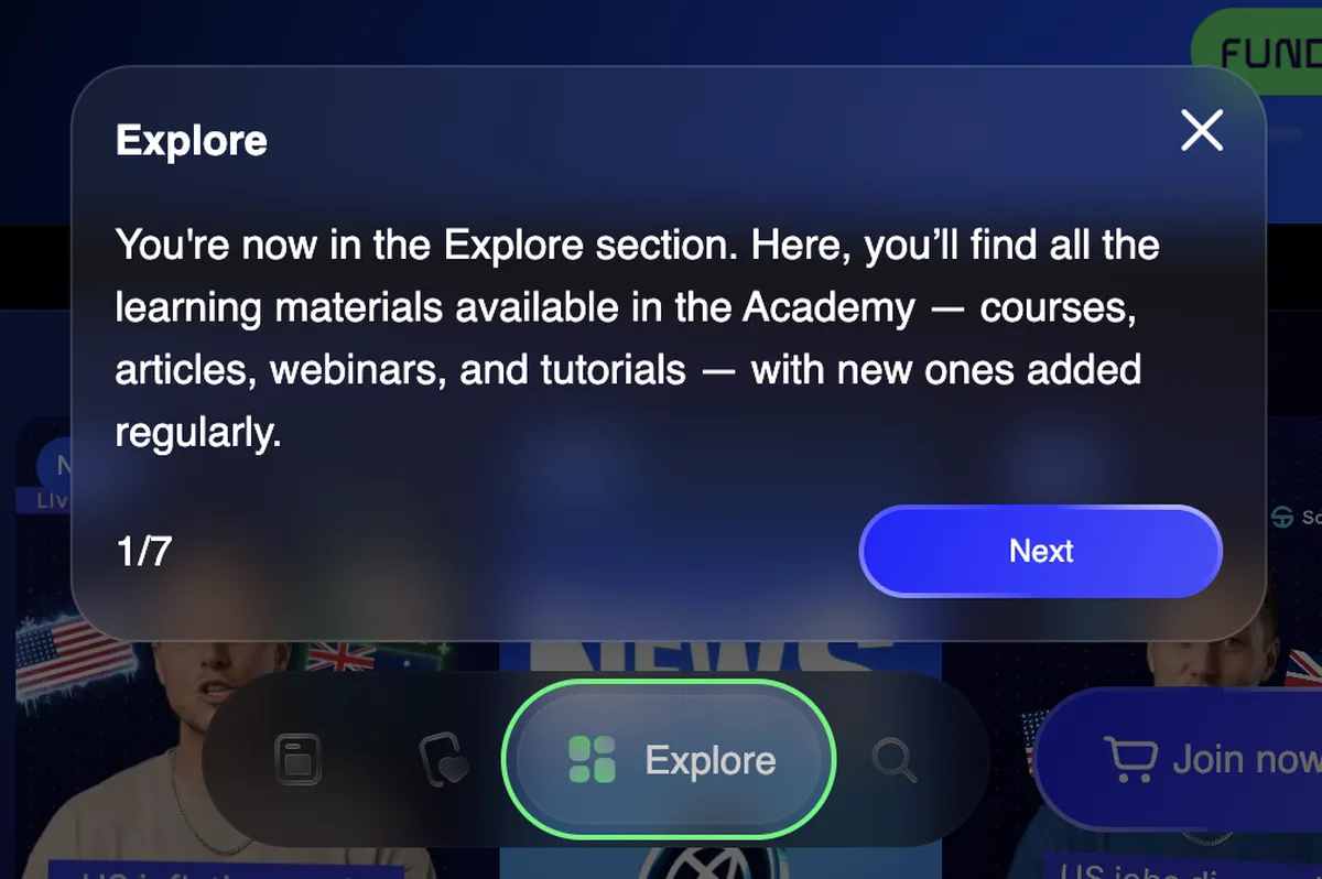 Un message contextuel indique 'You're now in the Explore section' avec un bouton 'Suivant'.