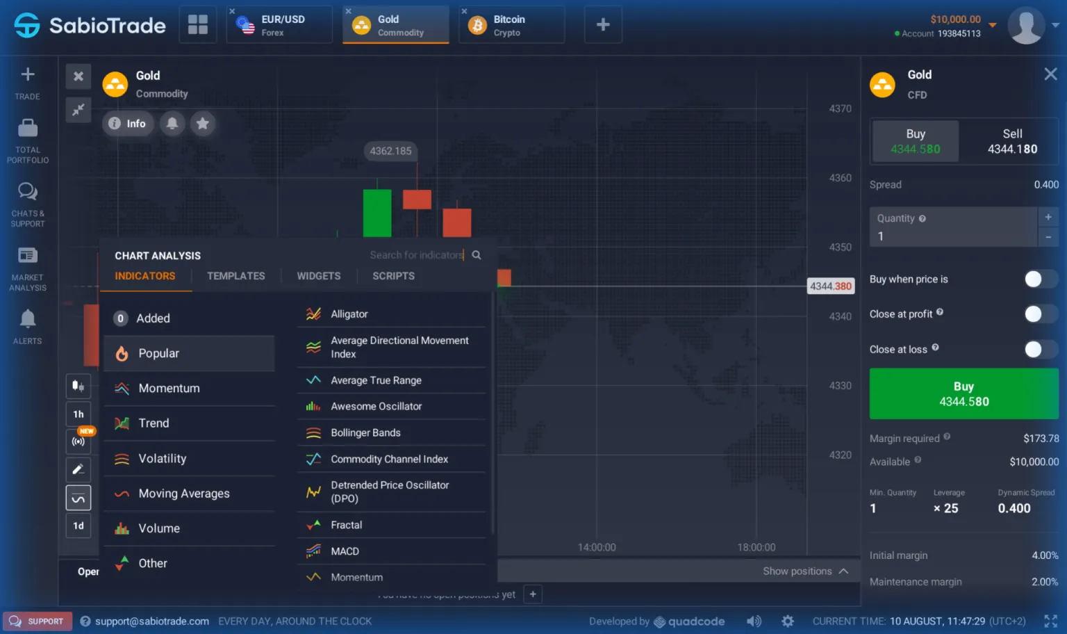 Interfaz de SabioTrade mostrando gráfico de oro con opción de compra a 4344.580.