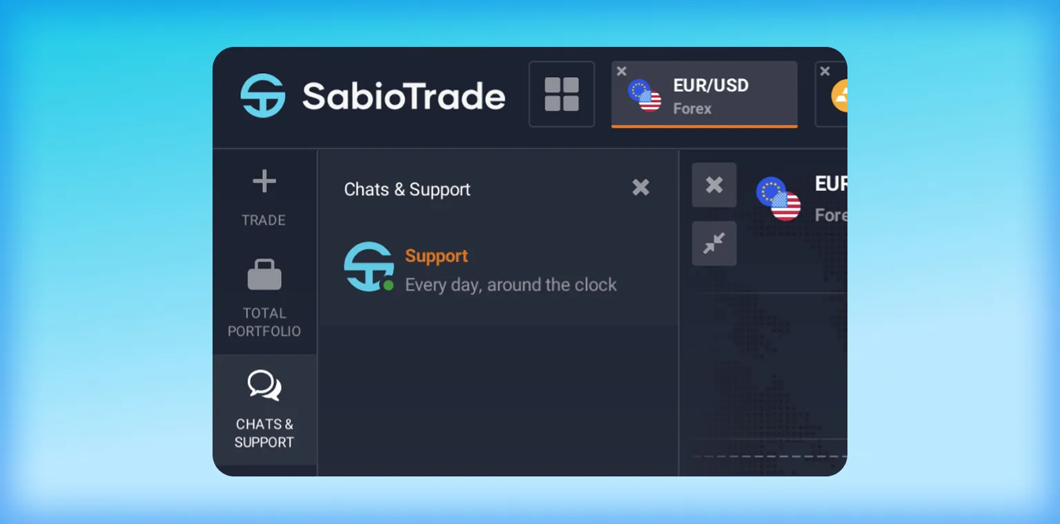 Interfaz de SabioTrade mostrando chat de soporte y par de trading EUR/USD en Forex.