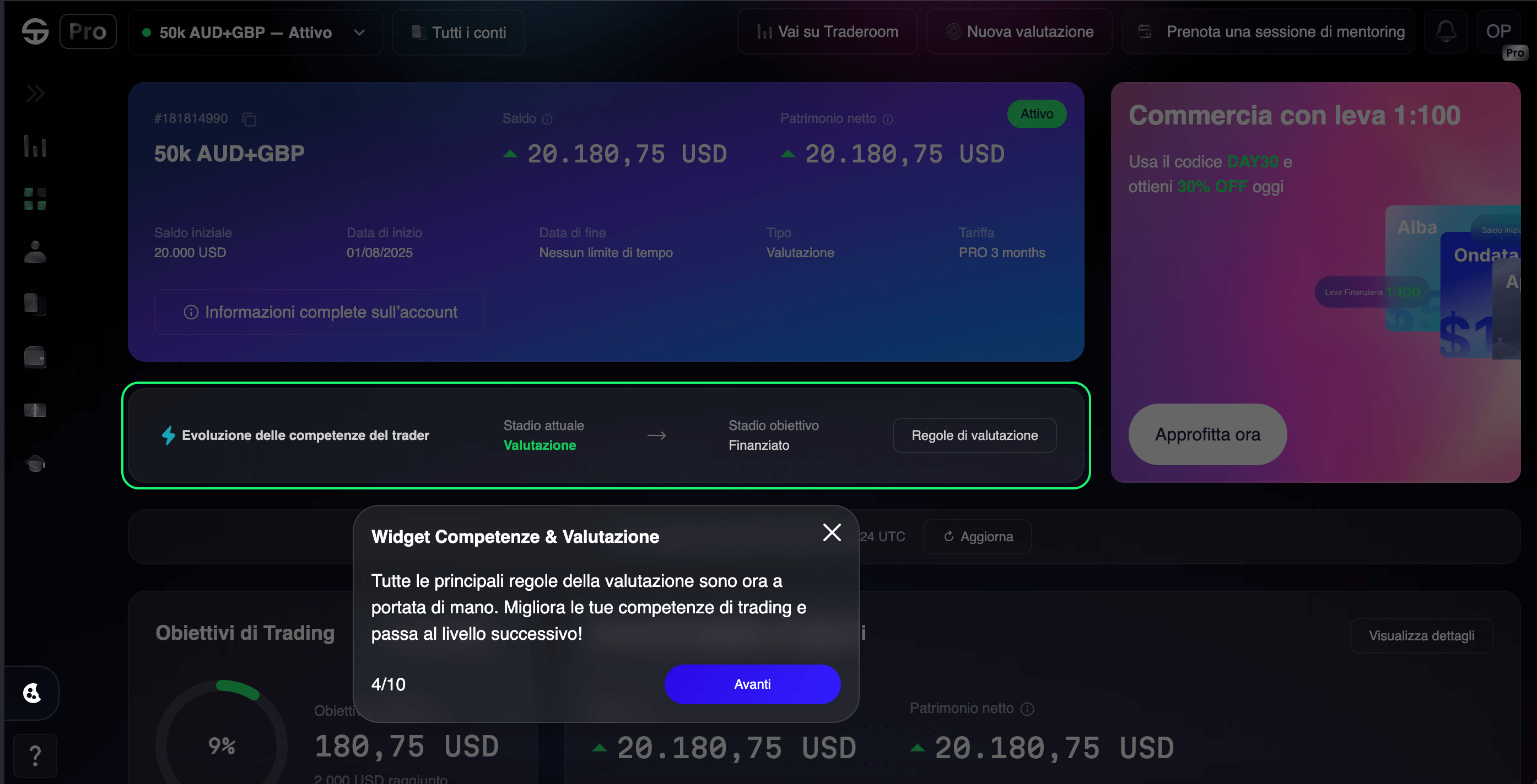 Dashboard di trading mostra 50k AUD/GBP a 20.180,75 USD, con progresso di valutazione a 4/10.